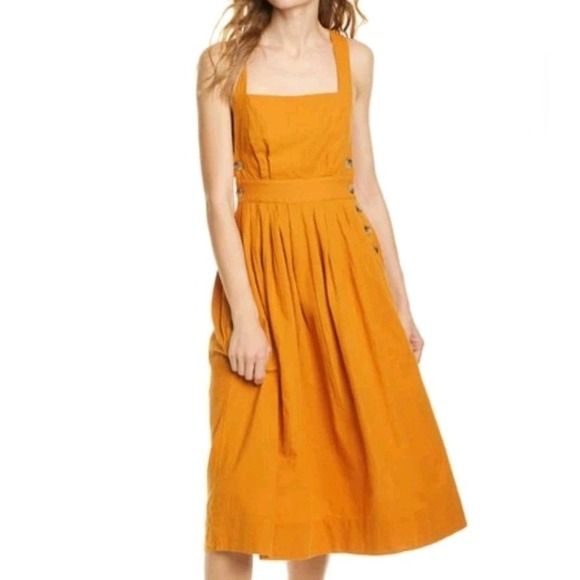 Free People Dresses & Skirts - Free People Lula Apron Bib Open Back Midi Dress In Gold Size 8 Cotton